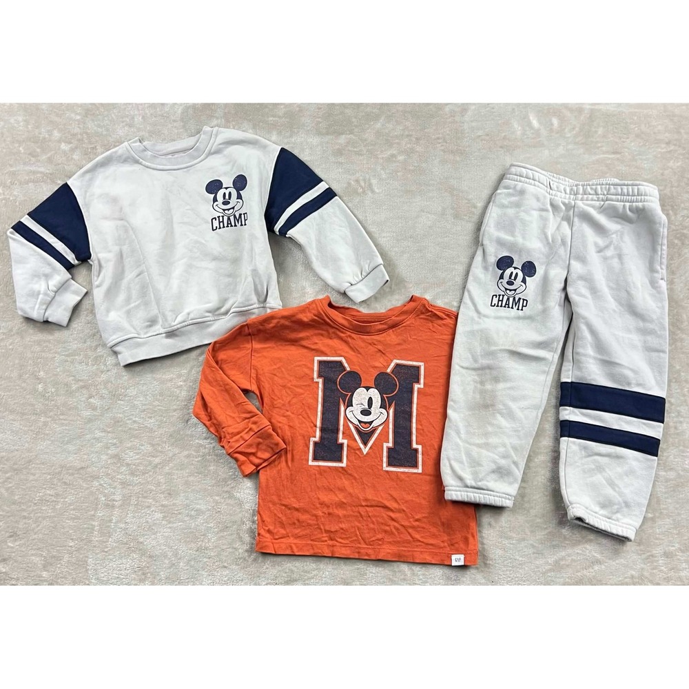 Baby Gap Disney Mickey Mouse 3pc Set Sweatshirt Joggers Tee Orange Gray 3T